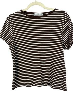 MNG Mango Striped Crew Neck Short Sleeve Fine Ribbed T-Shirt Brown White XL